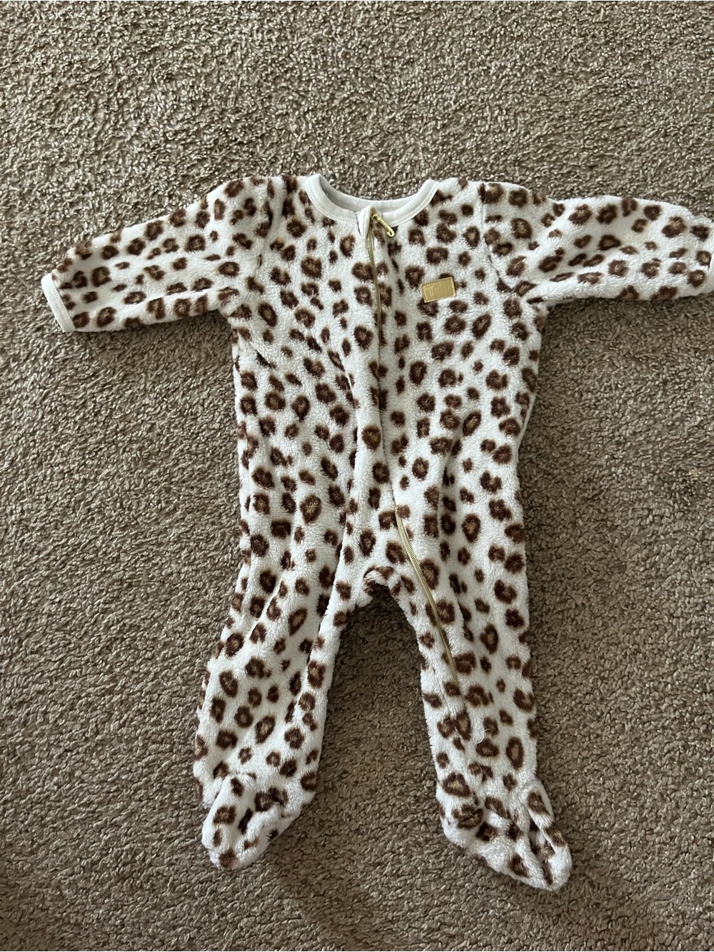 Juicy Couture Leopard Print Fleece One-Piece Pajamas - Cream and Brown 0-3